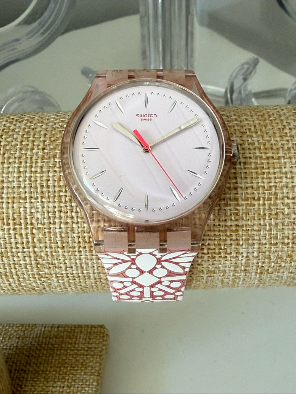 Swatch Pink Translucent Case with Patterned White and Pink Strap Watch
